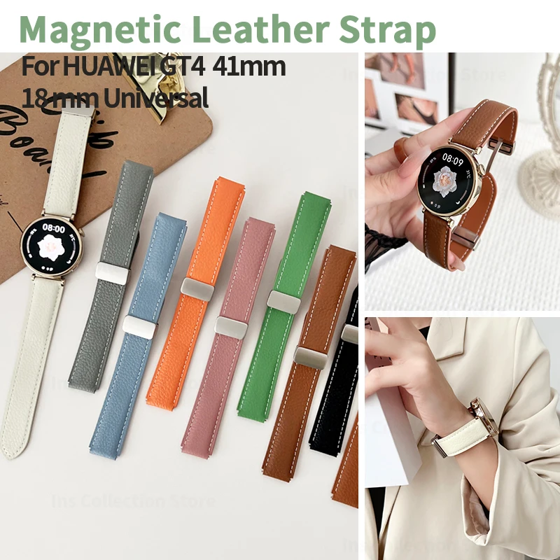 18mm Slim Leather Strap for Huawei Watch GT 4 41mm Magnetic Wristband for Garmin Venu 3S 2S Forerunner 255S Bracelet Accessories