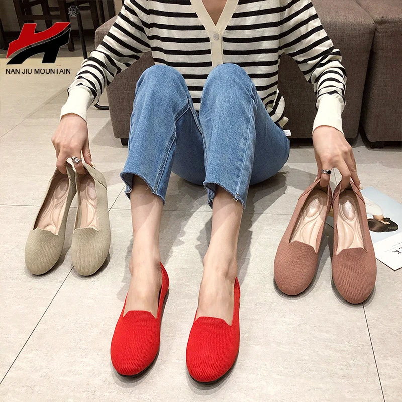 Knitted Beanie Shoes Flat Women Shoes Single Shoes Solid Color Simple Weave Round Toe Woman Shoes Plus Size 43