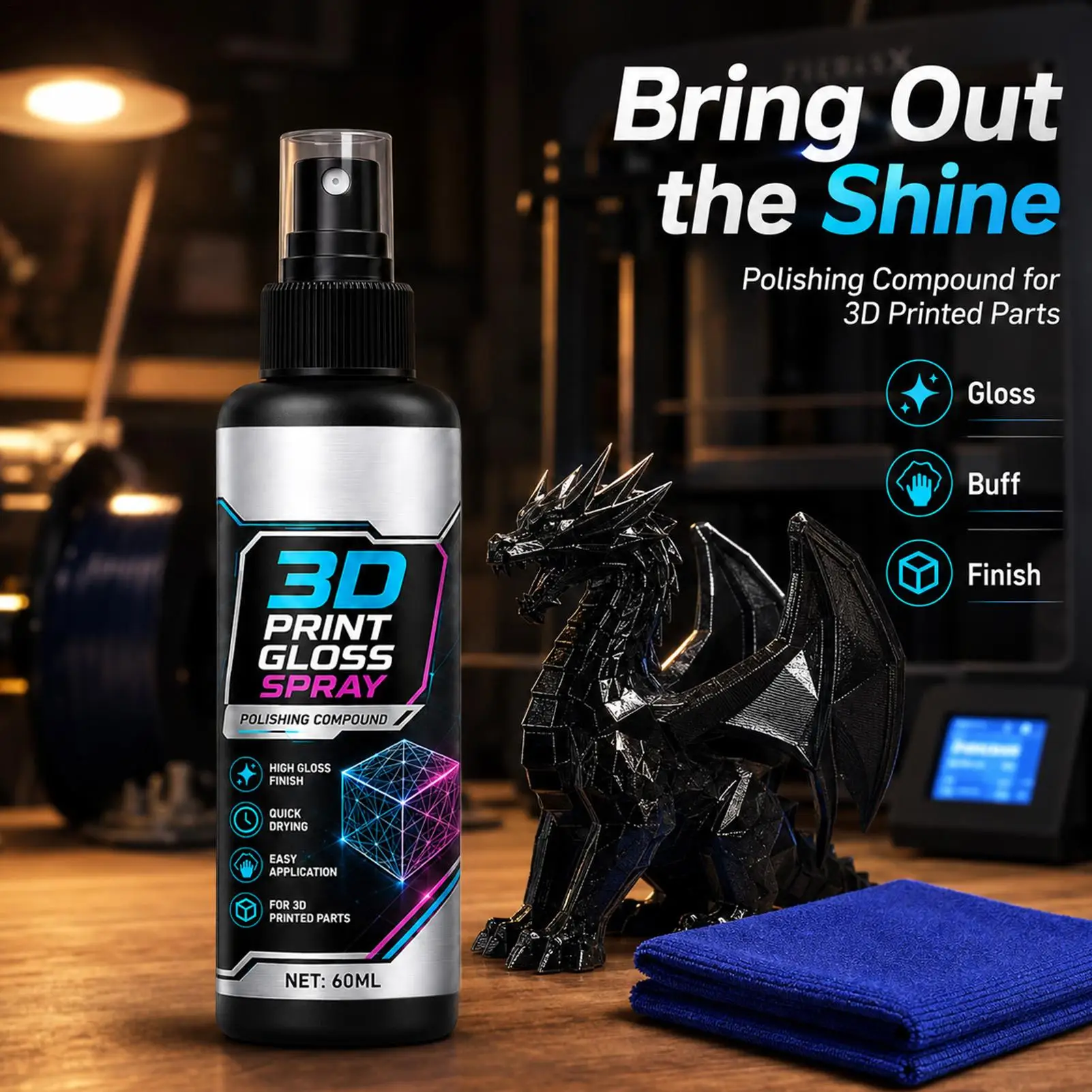 3D Printed Model Brightening Spray Fast Dry Gloss Enhancer Coating for Smooth Surface Finish and Professional Look Improvement