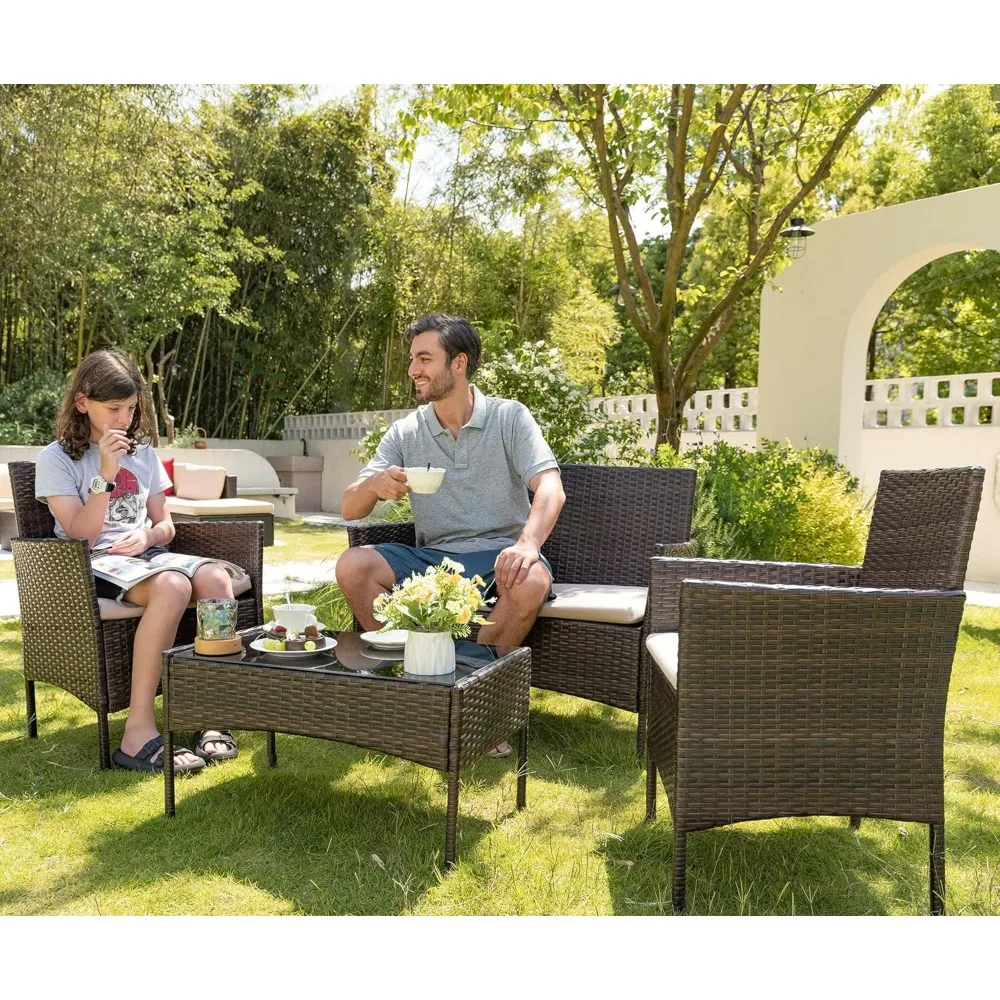 

Outdoor Patio Furniture Set, PE Rattan Wicker Chairs Balcony Lawn Porch Patio Furniture Sets with Beige Cushion and Table