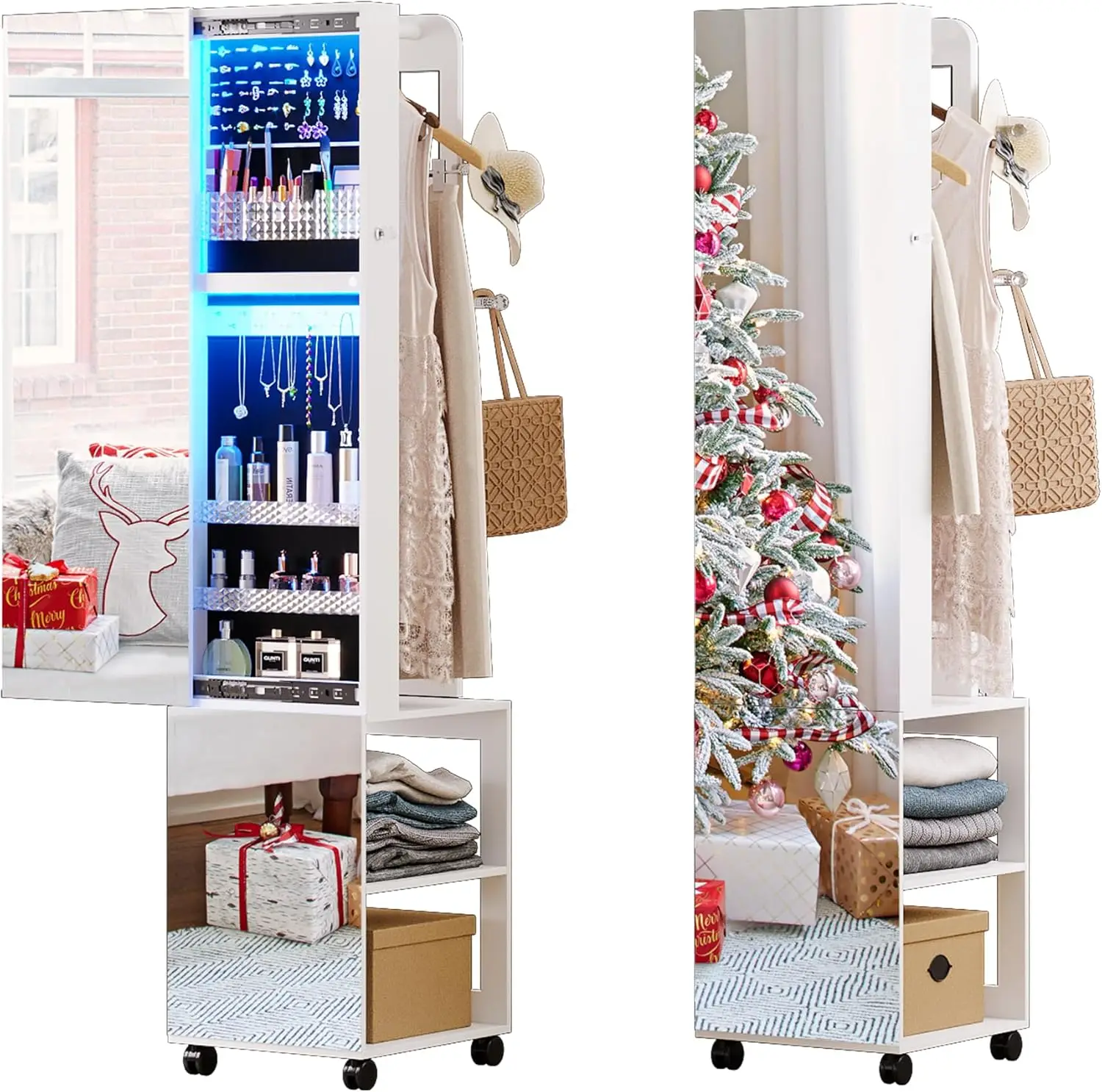 

360° Swivel Jewelry Armoire, 63" Full Length Mirror with Jewelry Storage, LED 3 Color Dimmable Jewelry Organizer Armoire