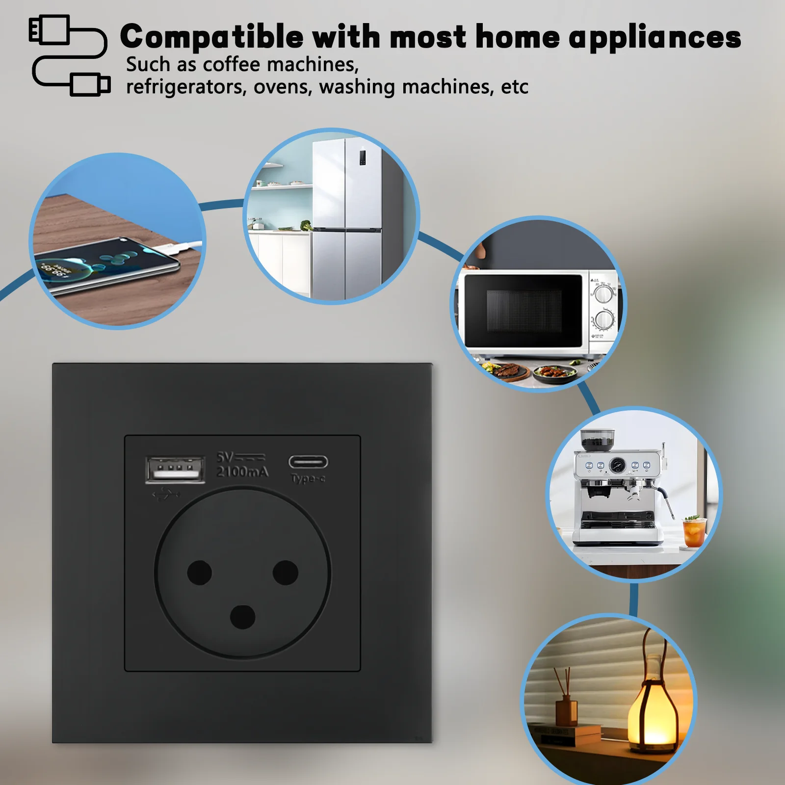 SIROT Israel Standard Wall Socket Power,5V 2.1A USB Type-C Mobile Phone Charging Port,Israel Black Switch and Socket Combination