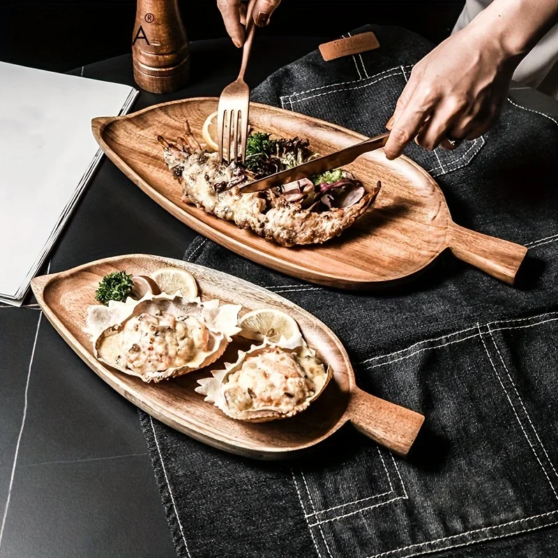 Wooden Leaf Shaped Waterproof Serving Plate Tray for Steak Sushi Grilled Meat Pizza Afternoon Tea Commercial Use As Tableware view 5