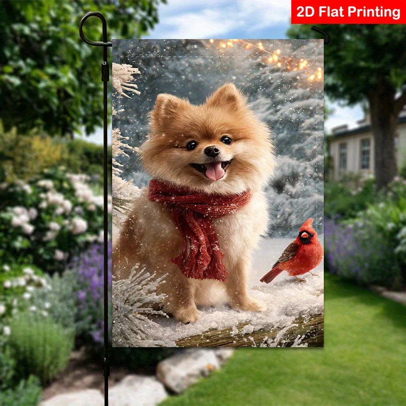 1pc Garden Flag Double Side Mailbox Flag Decorative Featuring A Joyful Pomeranian In A Festive Winter Landscape Perfect for Family Gatherings And Outdoor Celebrations Bracket Not Included
