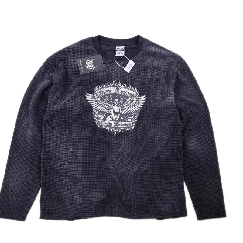 27SS Fashion CHEW FOREVER Earth Tones Angel Dark High Street Crew Neck Men's Distressed Waffle Knit Long-Sleeve