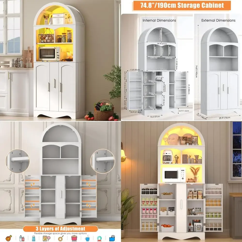 75”Arched Pantry Cabinets with Microwave Shelf, Tall Kitchen Pantry Storage Cabinet with Drawer and Adjustable Shelves, Cupboard