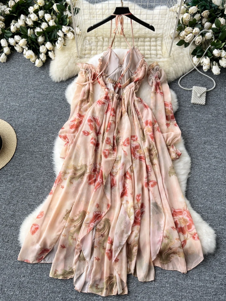 Women Sexy Floral Beach Dress Summer Pleated Hanging Neck High Waist Irregular Ruffled Print Chiffon Dresses Ladies Long Robe