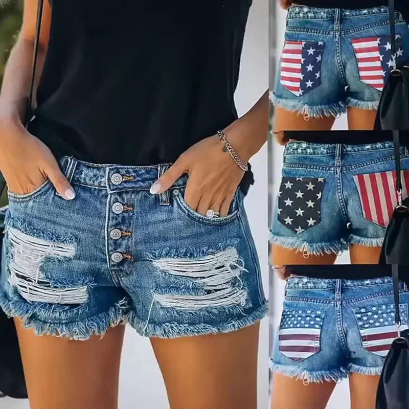 

High Waist Denim Shorts Women's Single Button Design Slim Fit Hole Ripped Frayed Edge Jeans High Waist Shorts Women