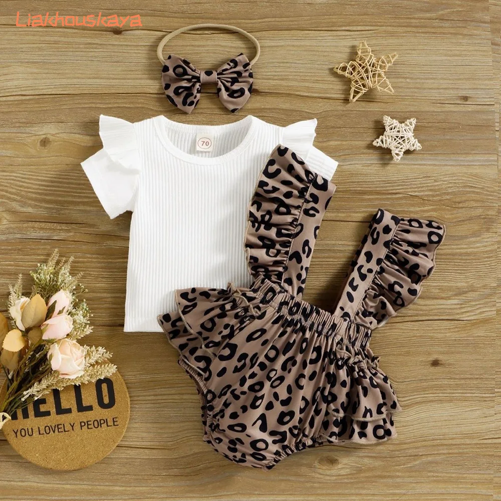 Toddler Girls Summer Dress 0-24 Months Cotton Leopard Print Romper Bodysuit Outfit with Headband 3 Piece Set 70-100cm