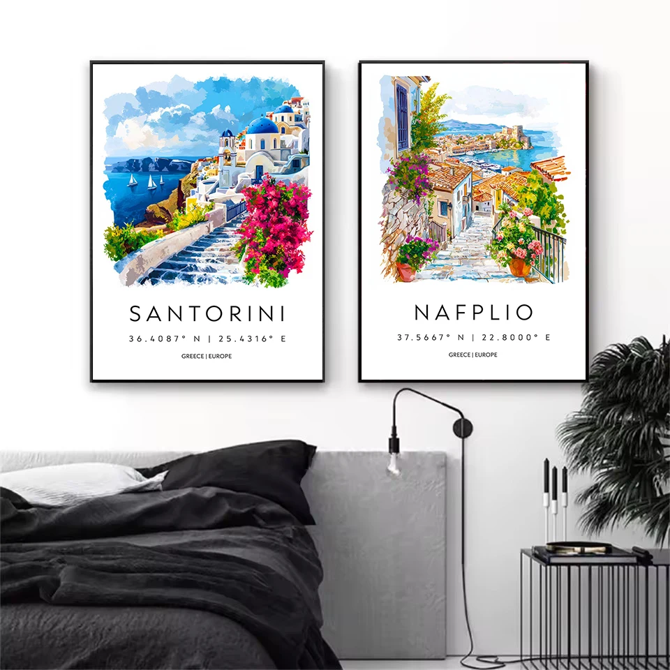 Watercolor Greece Travel City SantoriniCoastal Nature Landscape Nordic Poster Canvas Painting Wall Art Pictures Home Decor