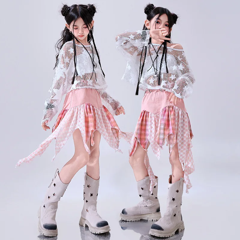 Summer Girls Jazz Dance Clothes Cheerlead Dance Show Costume White Lace Tops Pink Irregular Skirt Kpop Street Wear