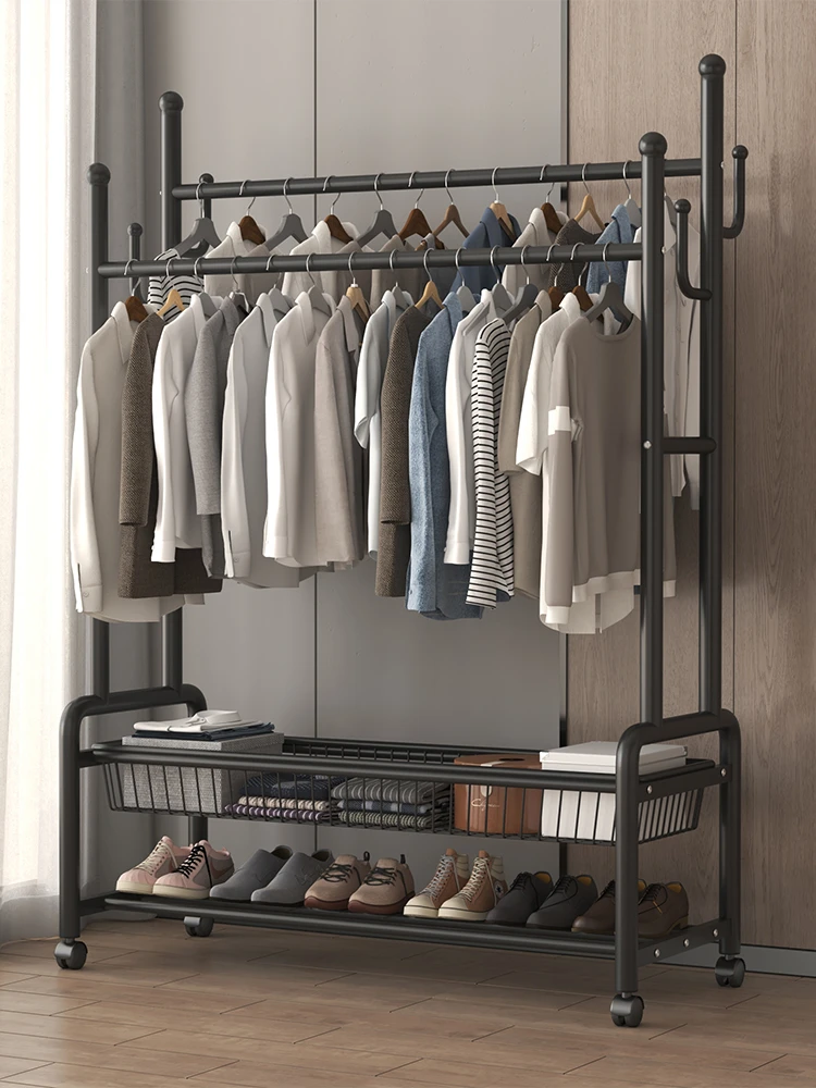 Simple clothes rack floor folding balcony clothes rack household bedroom household clothes rod double-pole clothes rack