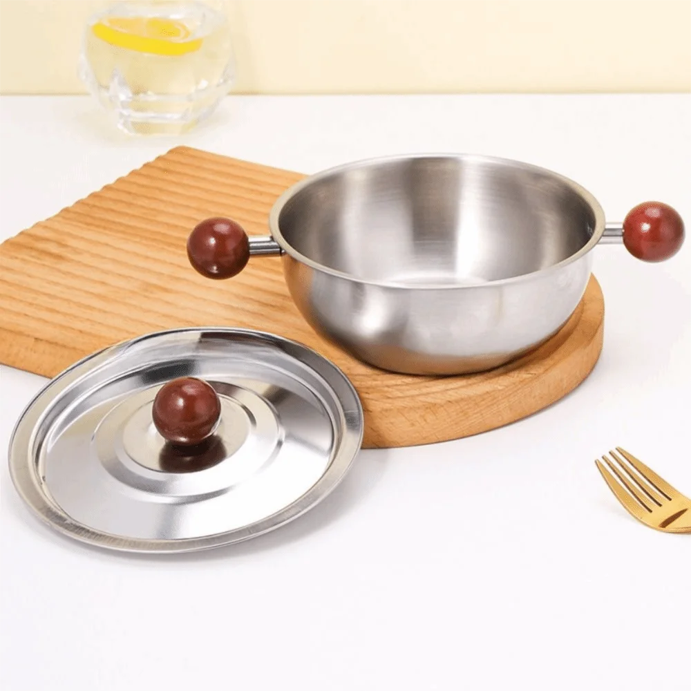 High Quality Stainless Steel Complementary Food Pot Wood Ball Handle Silver Small Cookware Round Bowl Salad Bowl Housework
