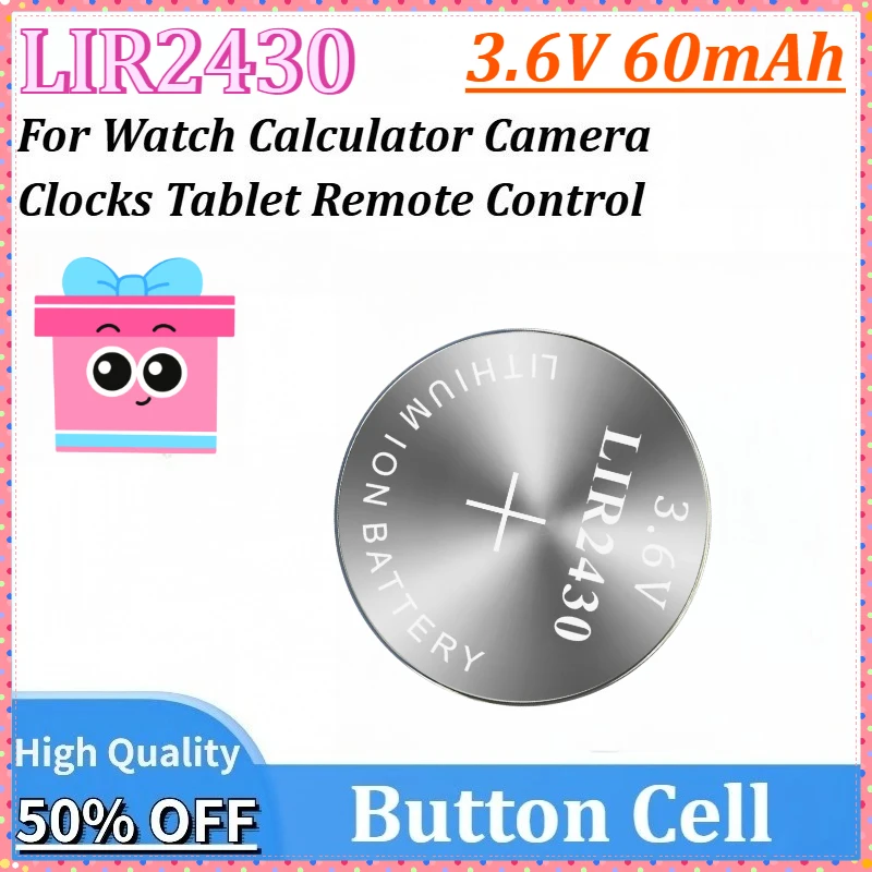 

10-50PCS 3.6V 60mAh LIR2430 Lithium Rechargeable Battery Replace CR2430 for Clocks Tablet Remote Control Watch Calculator Camera