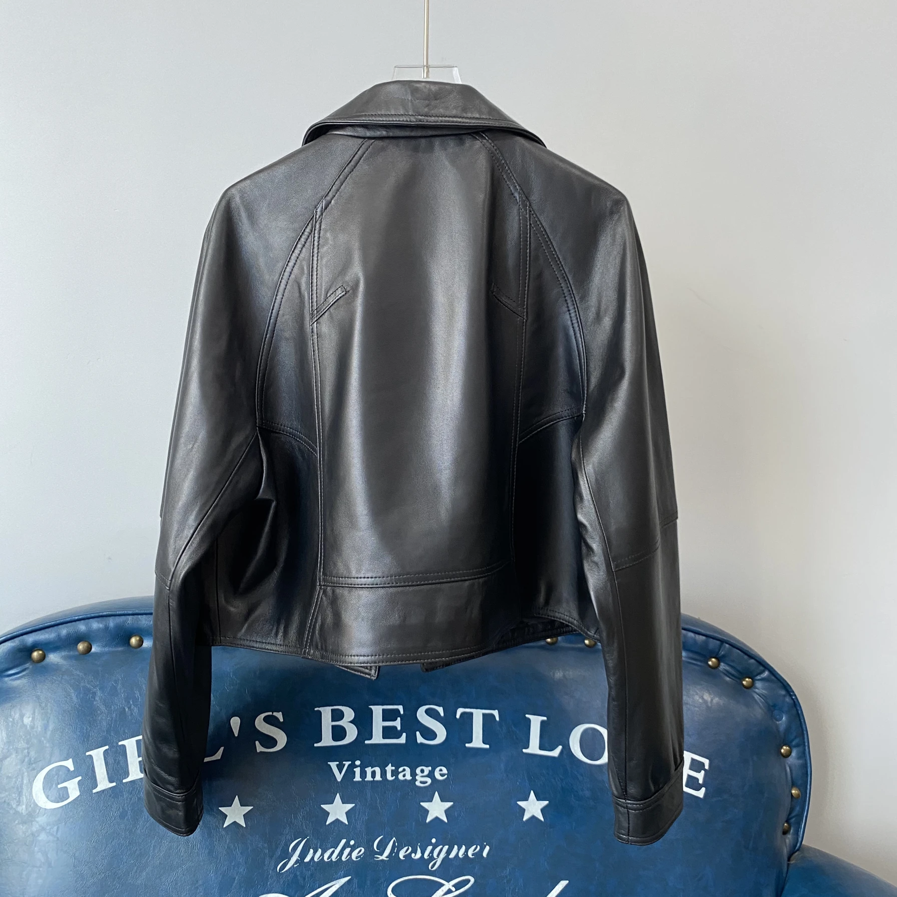 Frühling 2024 Damen Ort Loose Faionable Bla Eepskin Leather Jaet Haifeng Echtledermantel Pendeln Sle Zipper...