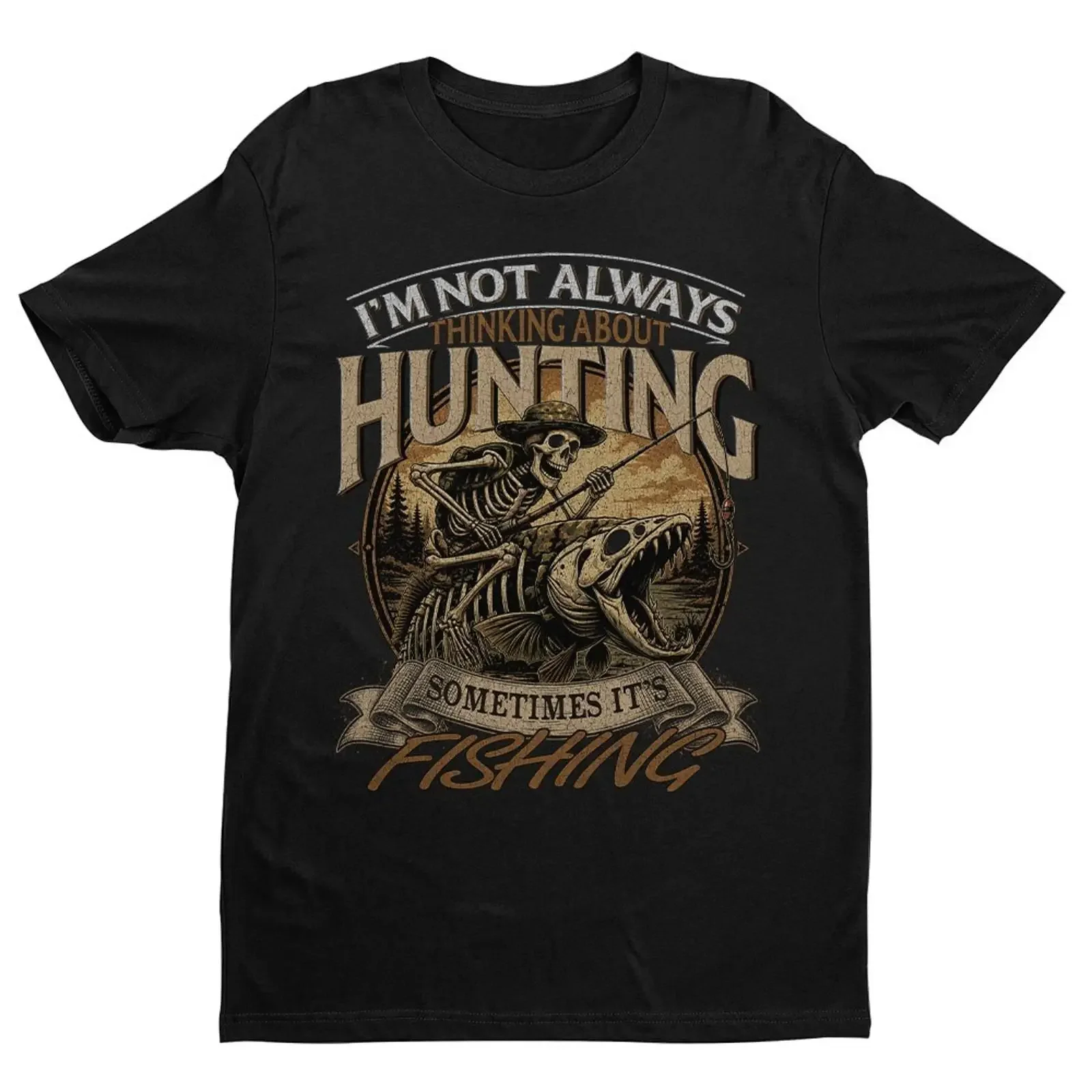 Vintage-Jagd- und Angel-T-Shirt mit Skelett-Fisch-Motiv, Vintage-Optik, ideal für den täglichen Gebrauch, bequem und vielseitig.
