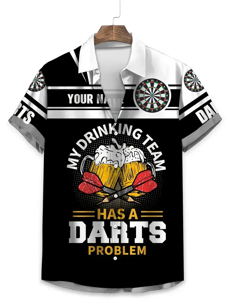 Hawaiian Style Men's Shirt with 3D V-shaped Print, Fashionable Custom Name/team Name Sports Shirt, Short-sleeved V-shaped Round-