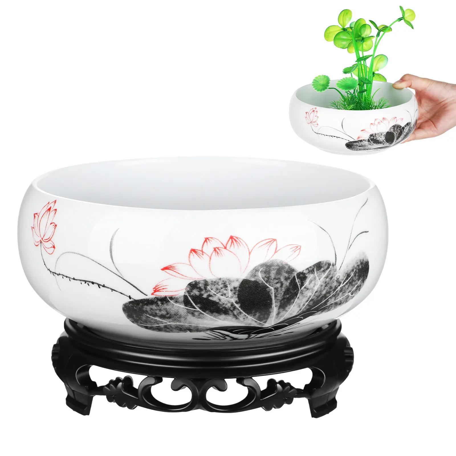 1Set Ceramic Hydroponic Flower Pot Round Bowl Planter with Base for Indoor Outdoor Decor Garden Office Living Room Daffodil