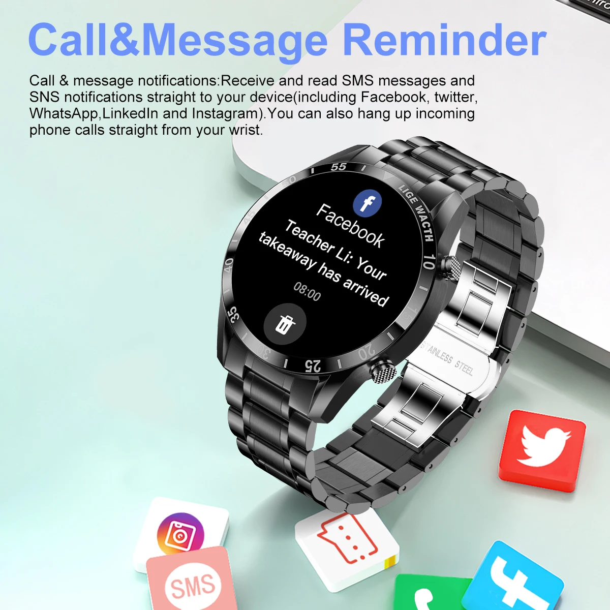 LIGE-ساعة ذكية فاخرة بشاشة لمس كاملة الدائرة للرجال ، مكالمة بلوتوث ، شريط فولادي ، مقاومة للماء ، رياضة ، لياقة بدنية ، أندرويد ، iOS