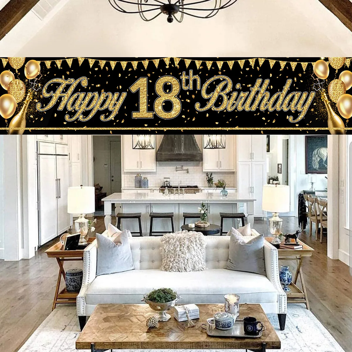 Pancarta de Feliz cumpleaños de oro negro, decoración de fondo de cumpleaños del 18, 21, 60, 70, banderines de fiesta de cumpleaños banderas colgantes