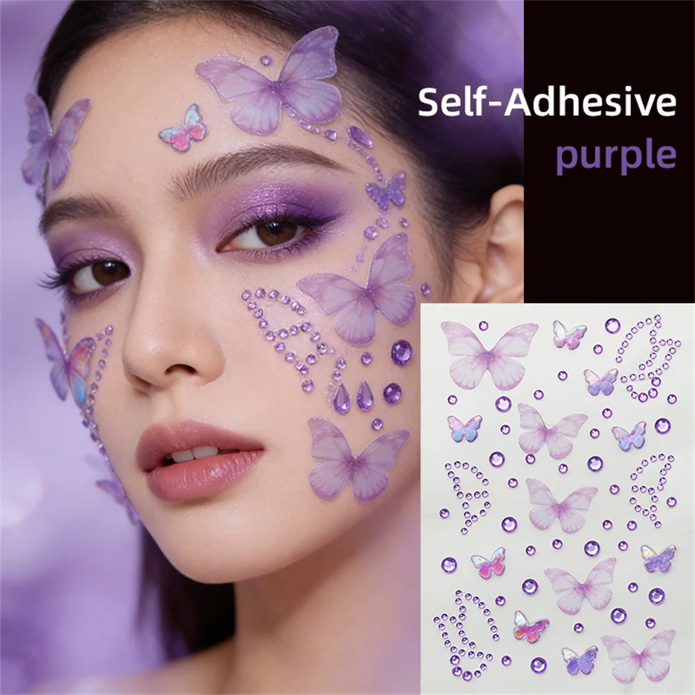 1pcs Purple Butterfly Face Gems Stickers Self-Adhesive Rhinestone Face Jewels Temporary Tattoo Stickers Eye Face Body Decoration