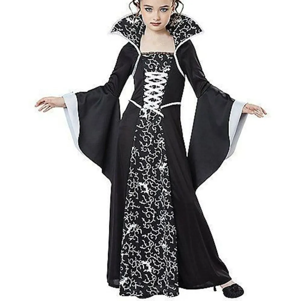 

Stand Collar Halloween Clothing Bell Sleeve Funny Halloween Witch Long Dress Lace Up Party Children Medieval Printed Dress
