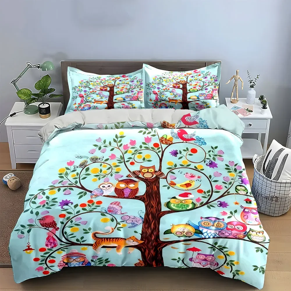 Colorful Owl Tree Decor Set Soft Comfortable Duvet Cover Bedding Set Included 1*Duvet Cover & 2*Pillowcases, gift