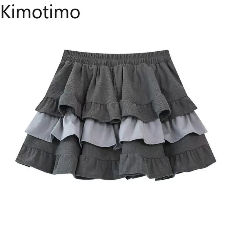 Kimotimo Women Mini Skirt Autumn Winter Corduroy Elastic Waist Patchwork Ruffle Fluffy Cake Skirts Vintage Sweet Y2k Faldas Юбка
