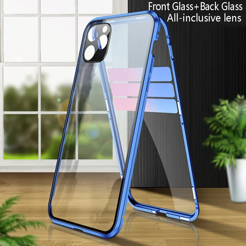 Double Sided Temper Glass Metal Magnetic Phone Case for IPhone 16 15 Plus 11 14 Pro Max 12 13 Mini Full Lens Protect Cover Cases