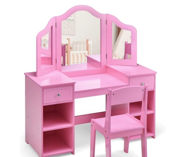 Dresser, makeup table and chair set, bedroom children's pink cute wind wooden three mirrors