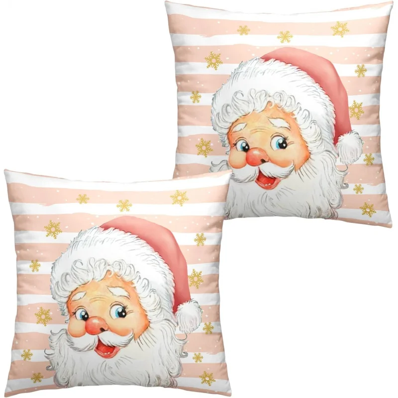 

Pink Santa Claus Pillowcase 18x18 Holiday Gold Snowflake Pillow Cover