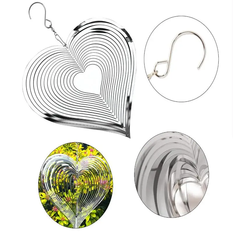 3D Rotating Heart Bird Deterrent, Stainless Steel Reflective Wind Chime with Hook for Garden Farm
