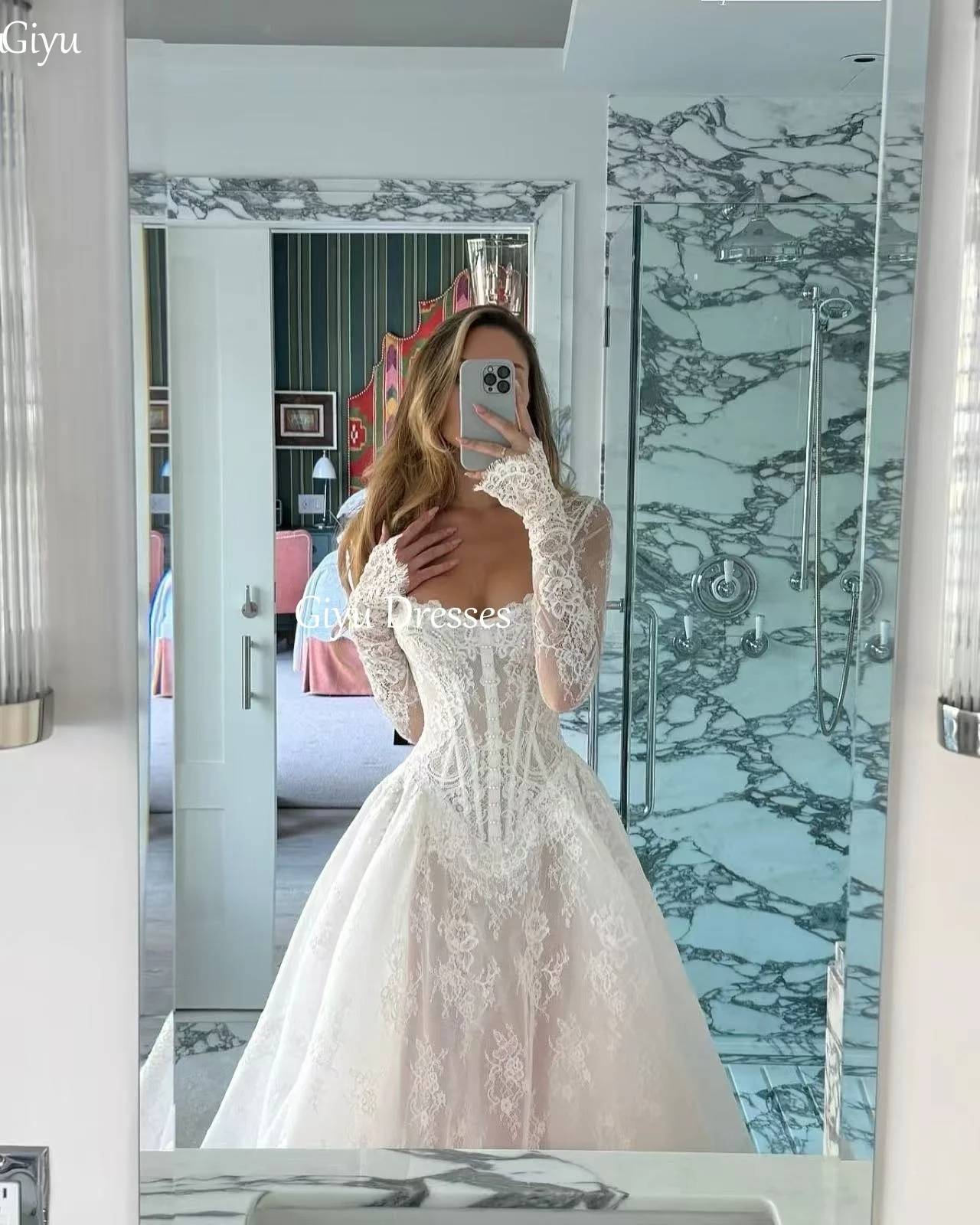 Giyu elegante renda manga longa vestidos de casamento europeu e americano feminino applique varredura trem formal vestidos de noiva personalizados ﻿