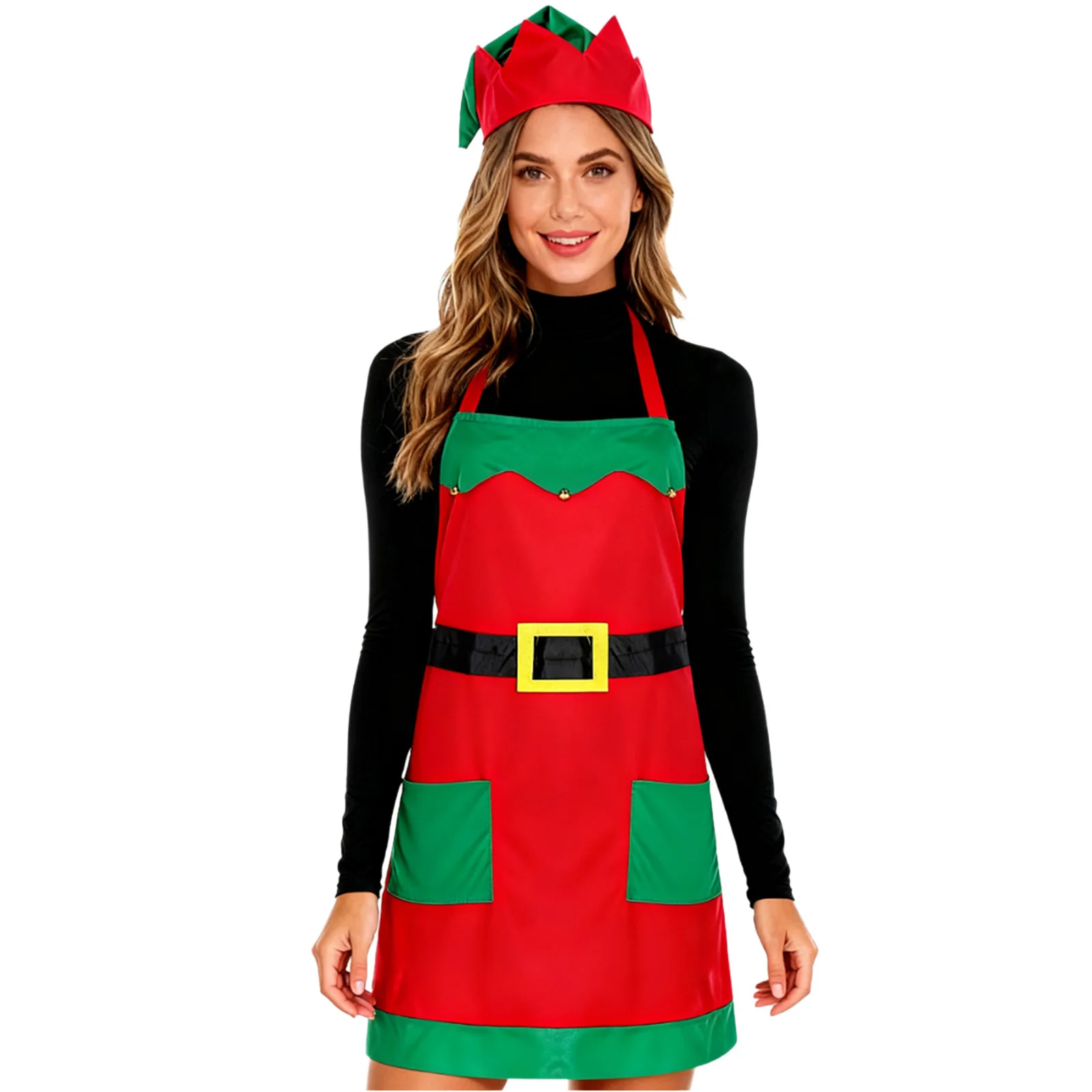 Christmas Elf Apron Red Green Lace-up Aprons with Pointed Hat Xmas Mrs Santa Claus Cosplay Costume for Kitchen Cooking Baking