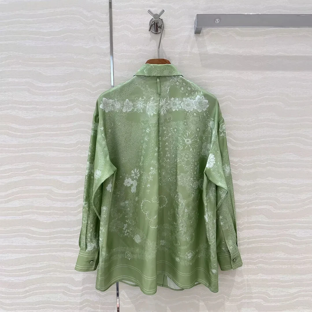 

2025 Retro 100_ Silk Shirt Tops Women Lapel Long Sleeve Single Breasted Floral Print Green Vintage Blouses