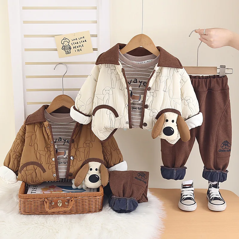 

Комплекты плотной одежды для мальчиков, зимние детские теплые бархатные пальто, футболки, брюки, милый хлопковый костюм из 3 предметов для малышей, спортивные костюмы, детская одежда