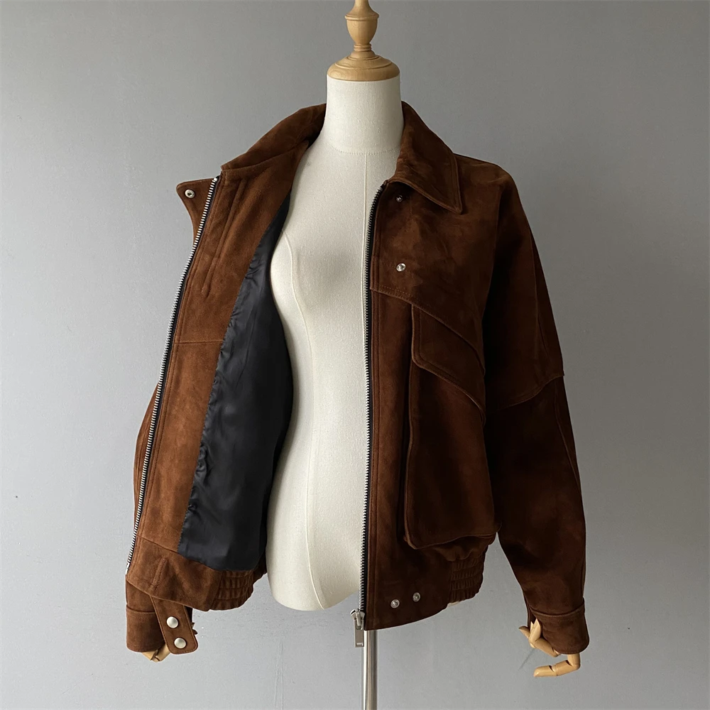 Luxyonuo Jesień 2025 Prawdziwa Skórzana Kurtka Damska z Zamszu Wysokiej Jakości Kożuch Oversize Płaszcz Damski Wiosenna Moda Nowości Odzież Wierzchnia