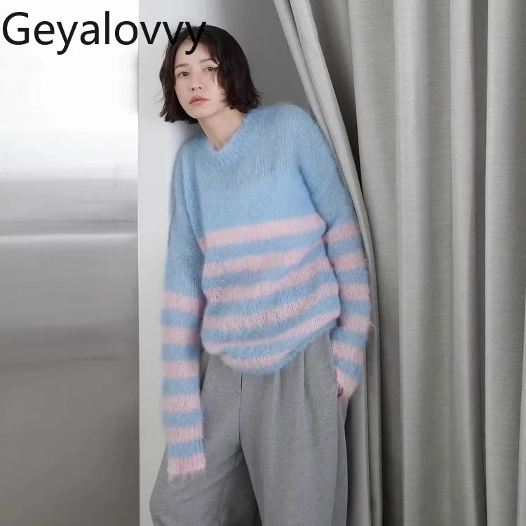 

Sweet Girl Autumn Winter New Versatile Pullover Japanese Style Striped Round Neck Sweater Mohair Casual Women's Knitwear