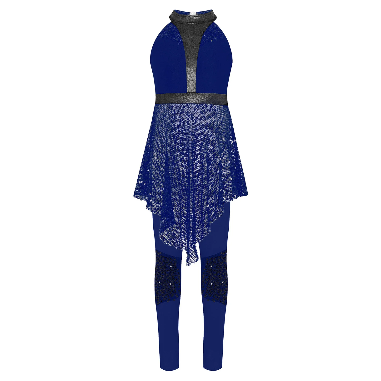 

Kids Girls Jazz Dance Performance Costume Sleeveless Shiny Sequins Mesh Irregular Top with Pants Hip Hop Modern Dancewear Set
