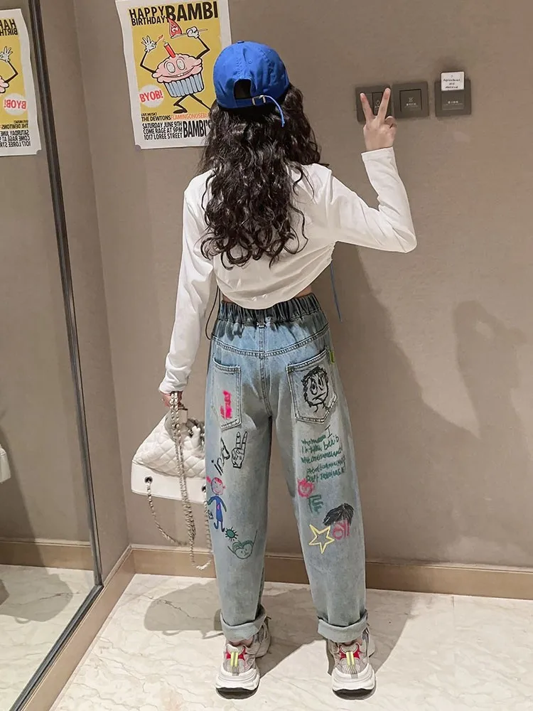 

Весенние джинсовые джинсы Faion с принтом fiti, брюки Харлан для маленьких девочек, длинные брюки, обычная тонкая весенне-осенняя одежда