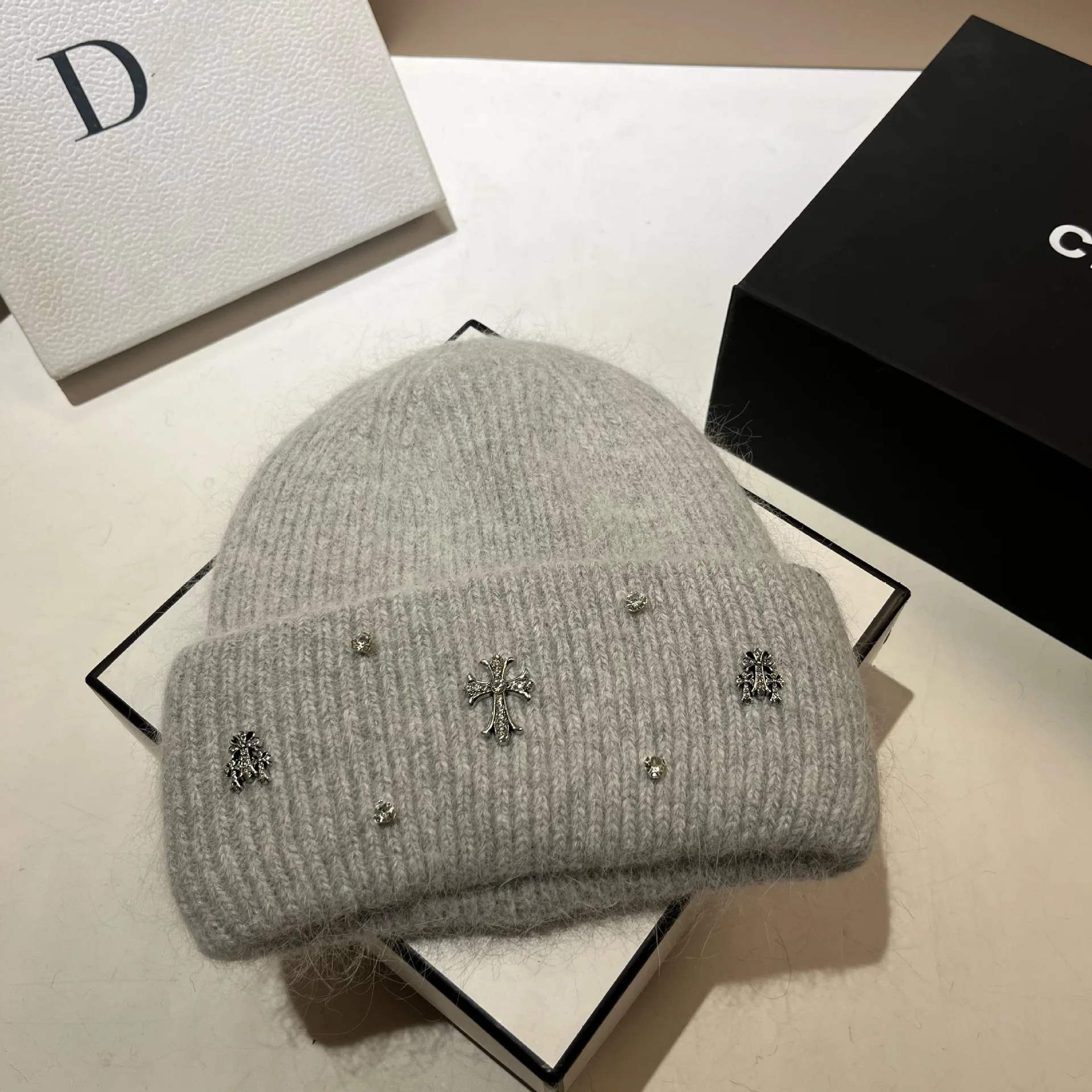 2025 Autumn And Winter New Style Warm Rabbit Fur Knitted Hat Reducing Ear-Protecting Hats Cross-Shaped Woolen Cap