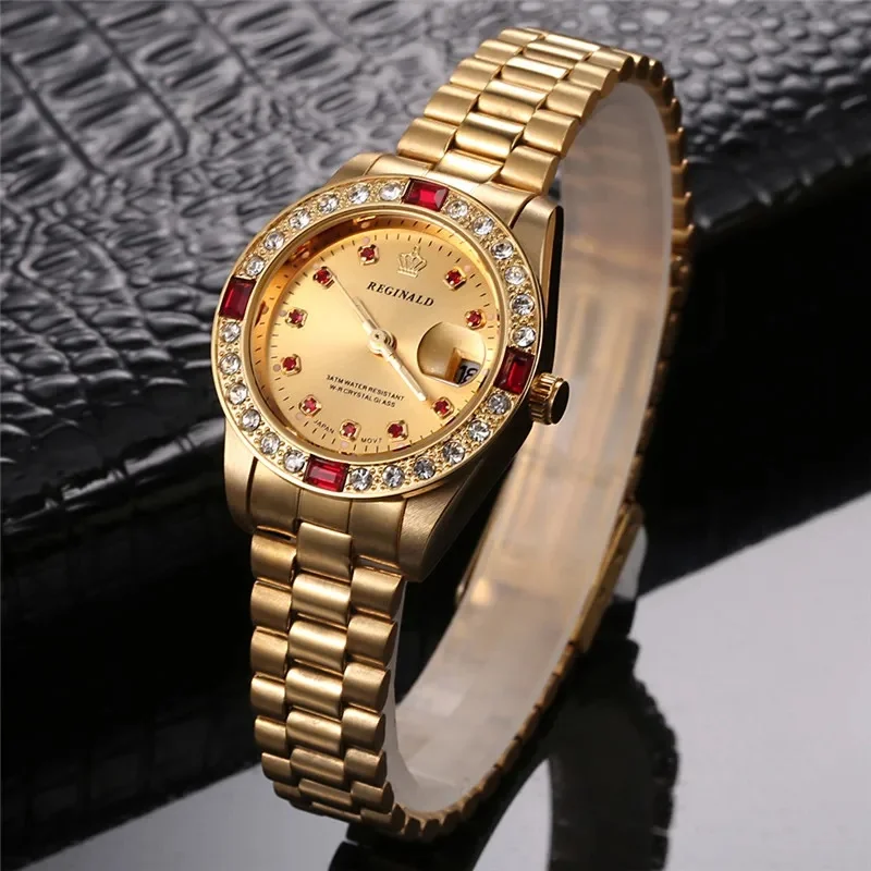 REGINALD Golden Lady Watch Date Crystal Styles Women\'s Dress Clock Water Proof Dress Wristwatch