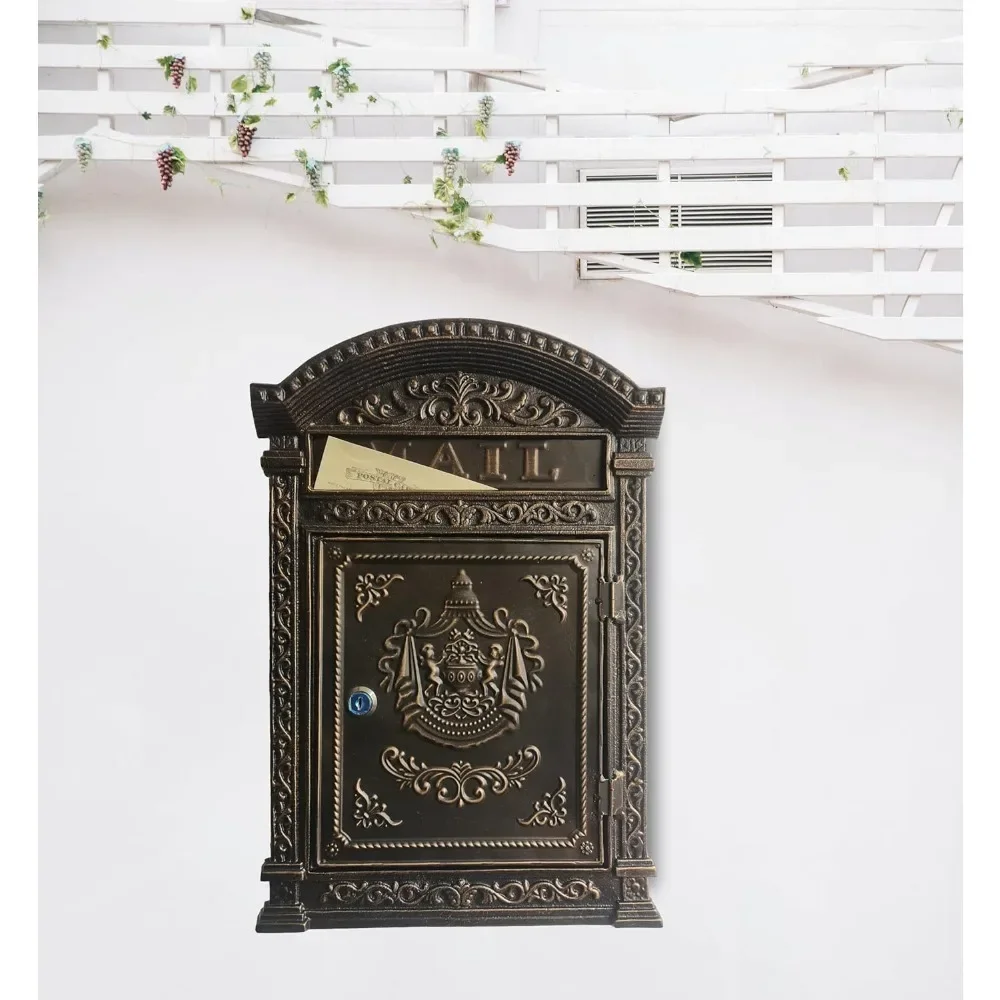 Decorative Lock Mailbox Outdoor - Vintage Cast Iron Wall-Mounted Metal Mailbox