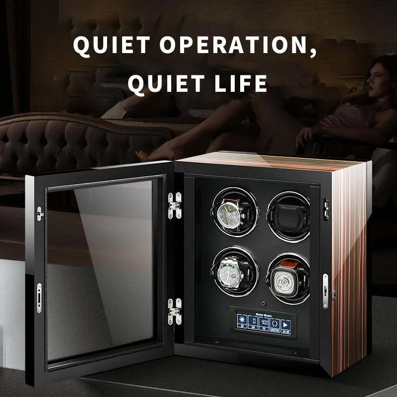 Luxury multi-watch automatic winder with a backlit anti-magnetic piano lacquer storage case suitable for brands like Rolex.