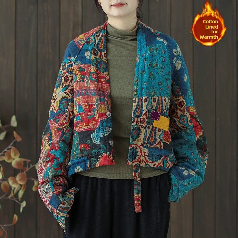 

Retro Winter Thickened Short Cotton Jacket Printed Linen Mixed Cotton Outerwear Women's Trendy Cotton Clothes Street Style