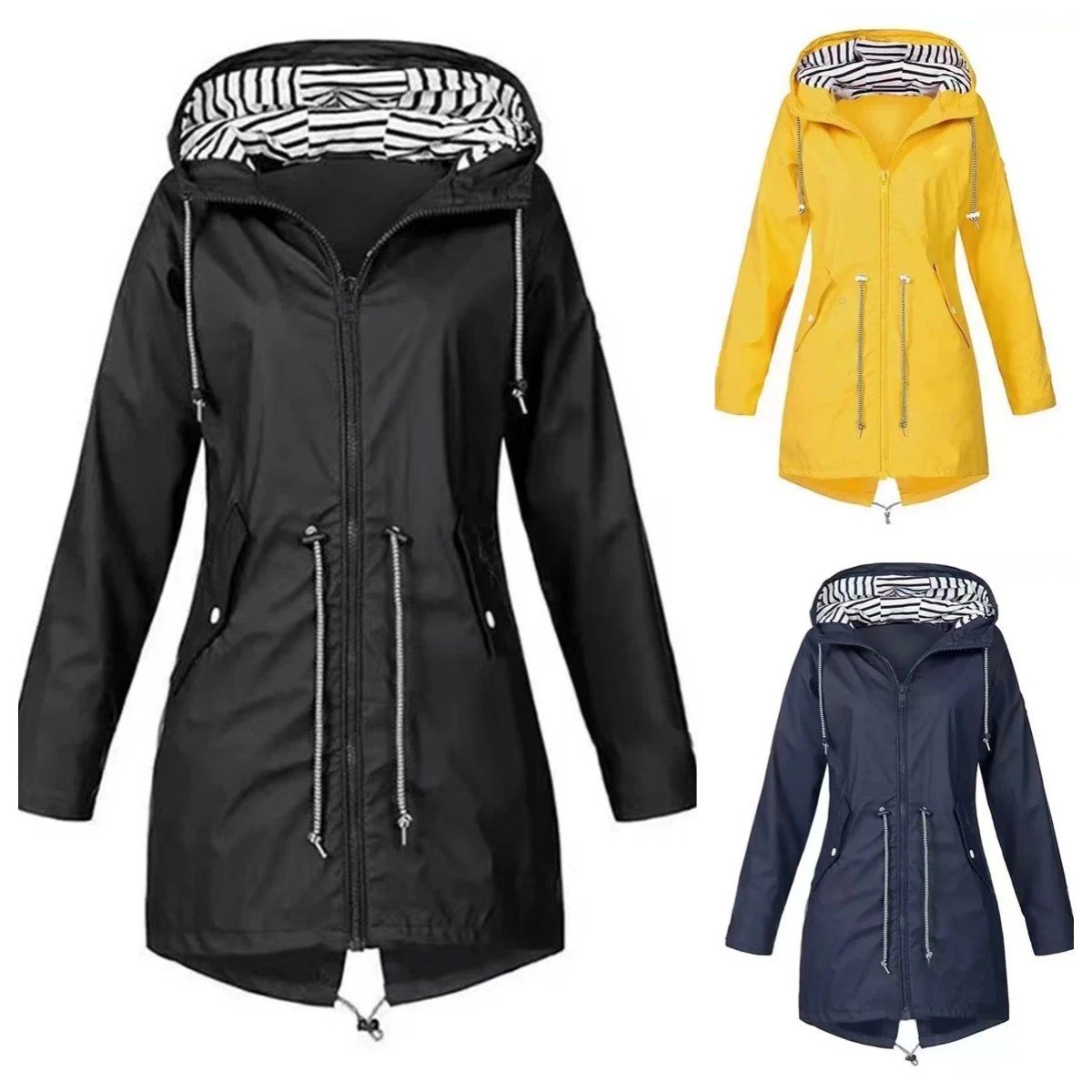 Women Fashion Hooded Drawstring Jackets All Season Waterproof Raincoat Climbing Jacket Solid Casual Loose Outdoor Trench Coat