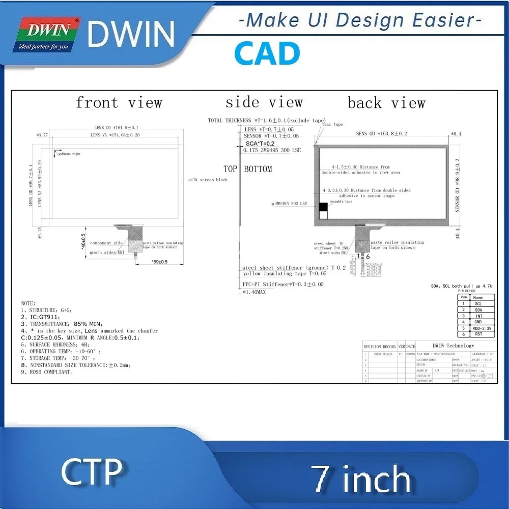 Imagem -05 - Dwin g Mais g Estrutura Painel de Toque Capacitivo I2c Interface Gt911 Controlador Tpc070t0050g01v1 7