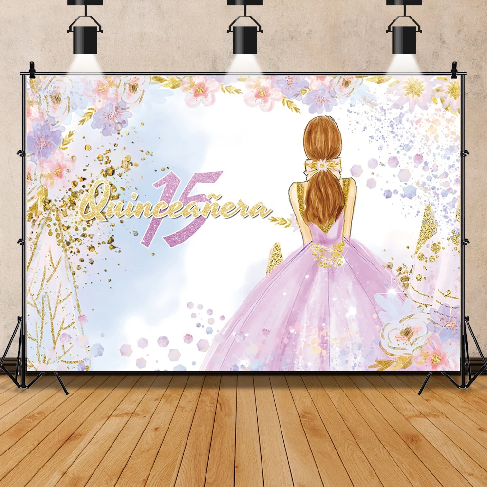 Cartoon Style Oil Painting Flowers Pink Dress Girl 15th Birthday Party Banner Backdrop Girls Birthday Shooting Background Props