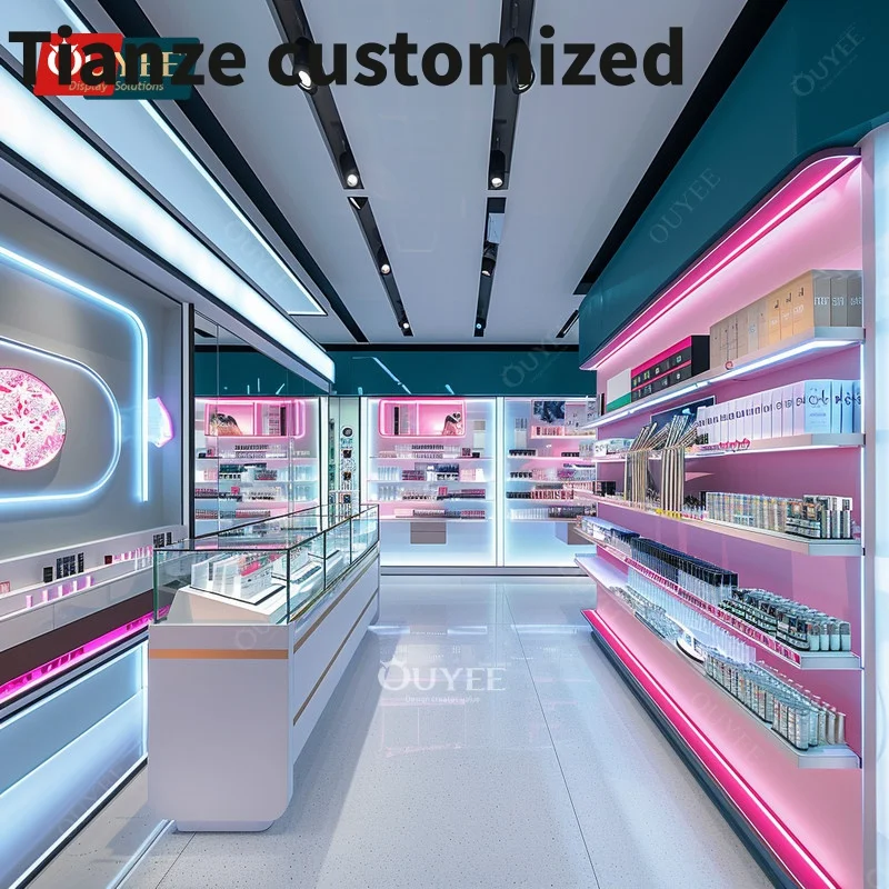 Espositore per trucco personalizzato con nuova decorazione, contatore cosmetico, profumo, parrucca, design del negozio, scaffalature per salone di bellezza