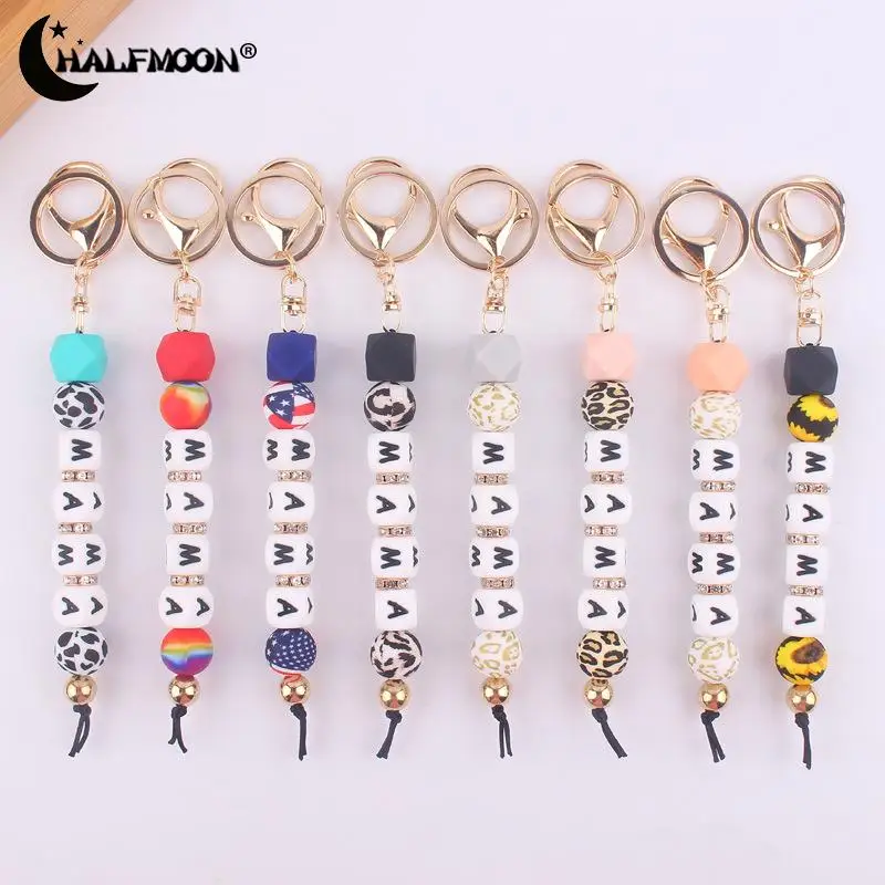 Creative Handmade Silicone Beads Keychain Leopard Print Letters Beaded Keyring For Anti-Drop Pendant Key Chains Women Girls Gift